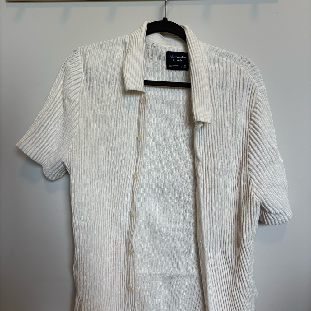 Abercrombie & Fitch Cream Ribbed Short Sleeve Button-Up Top